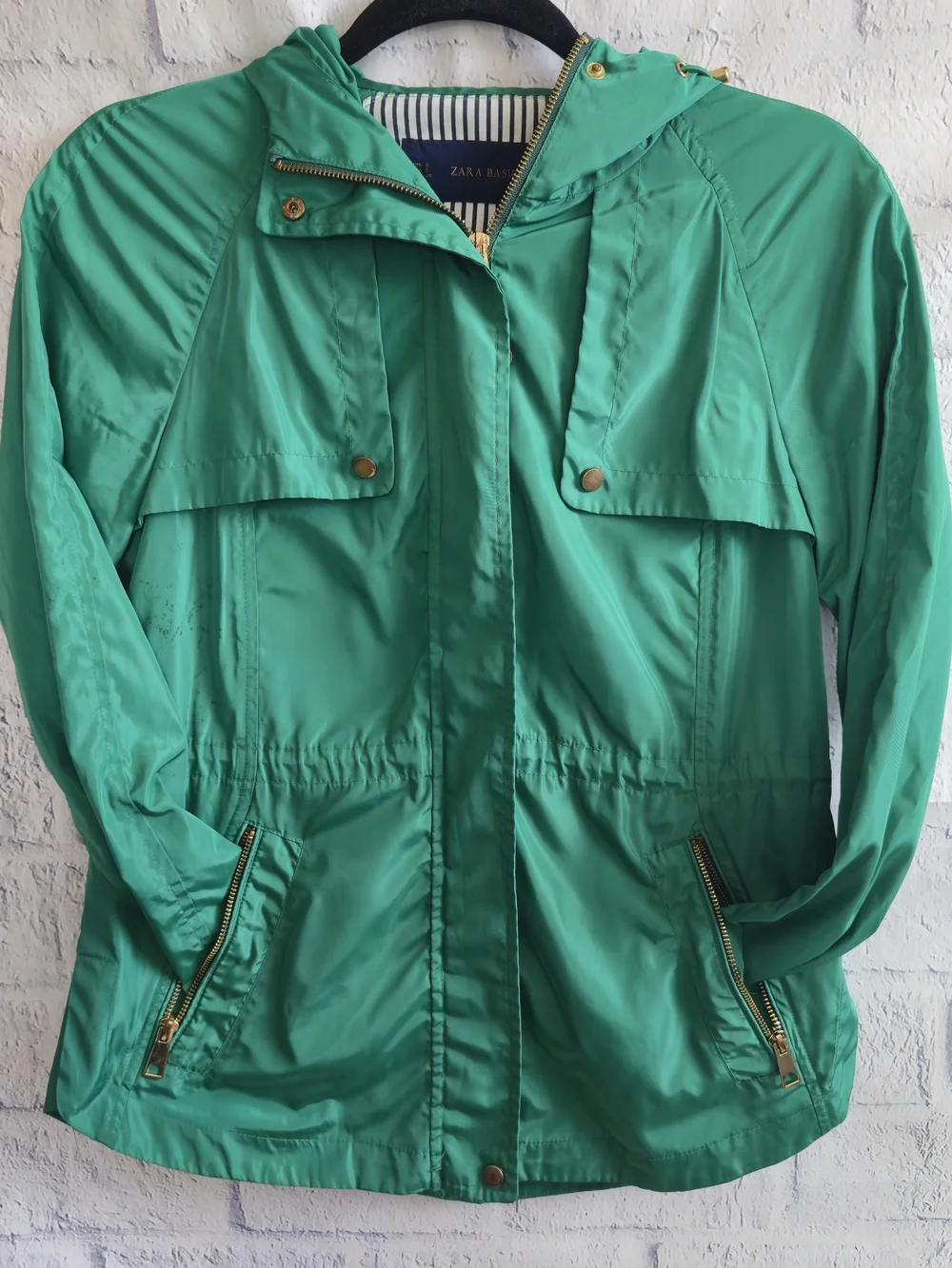 Zara Basic Kelly Green Hooded Full Zip Anorak Rain Jacket
